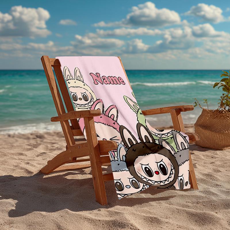 Custom Name Ultra-Soft Beach Towel with Labubu Theme,Ideal for Pool - Camping, Diving - Perfect Travel Essential, Vibrant Beach Towel.
