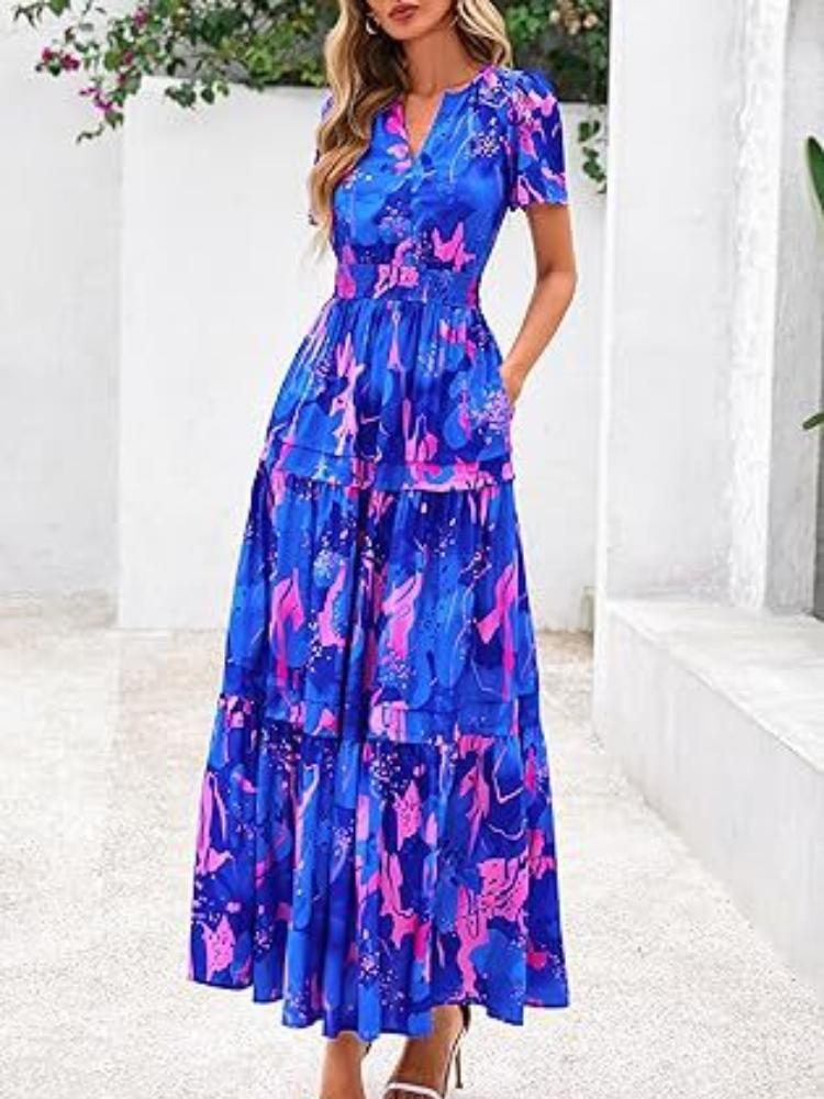 

Летнее платье макси с V-образным вырезом и цветочным принтом, без рукавов, повседневное, с разрезом для женщин, бохо-пляжное платье S