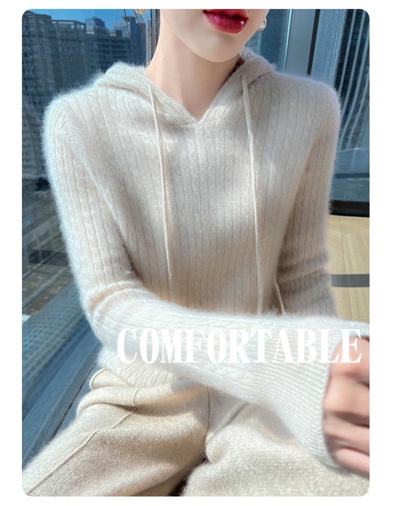 Women's 100% Pure Wool Cable Knit Hoodie Sweater - Autumn/Winter Collection.