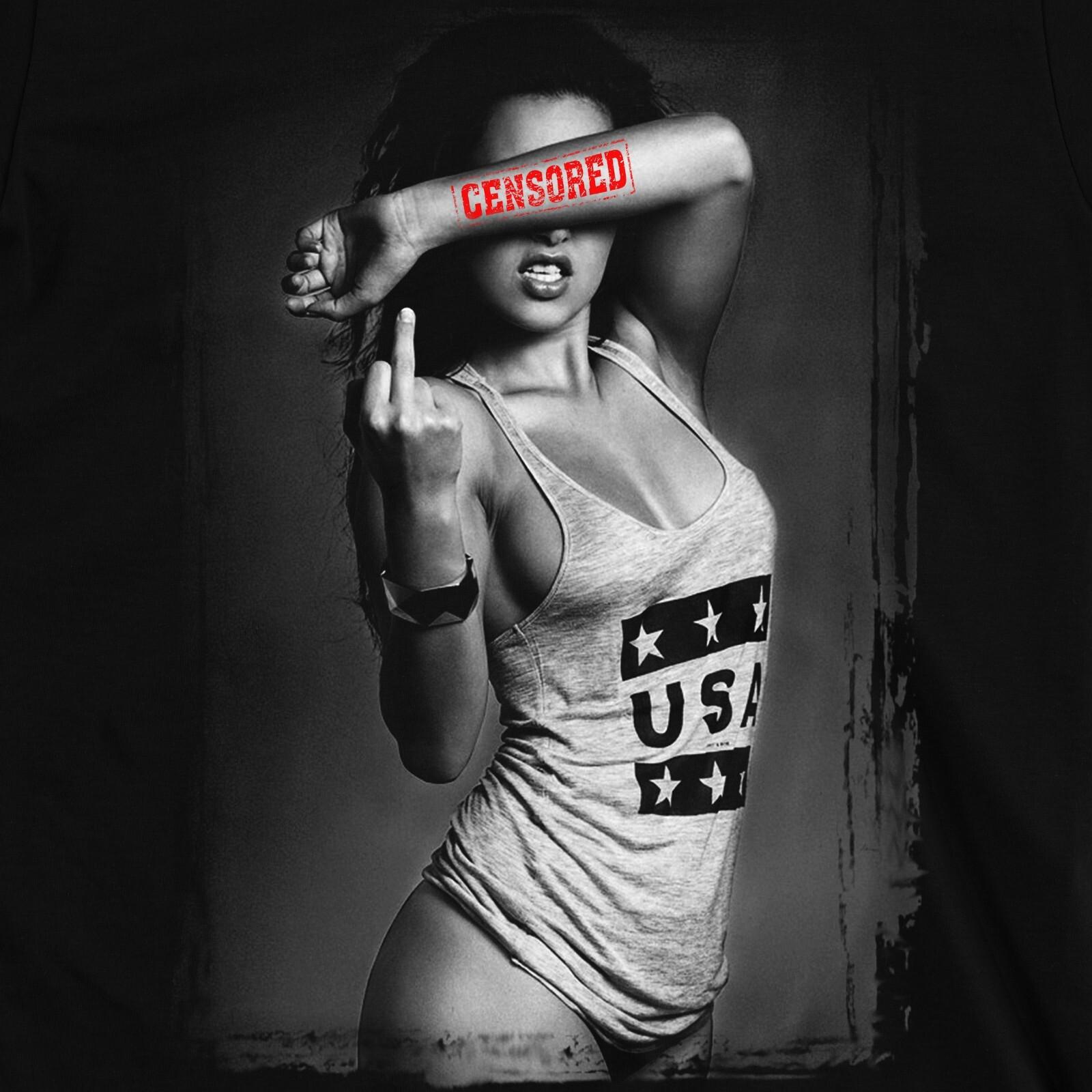 Censored Middle Finger Sexy Girl American Flag T-Shirt L