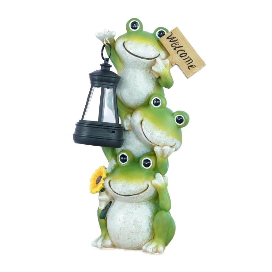 Gestapelte Frosch-Gartenstatue mit Solar-Laterne & Willkommensschild - Outdoor-Terrassendekoration, Frosch-Dekoration aus Harz für Garteneingang
