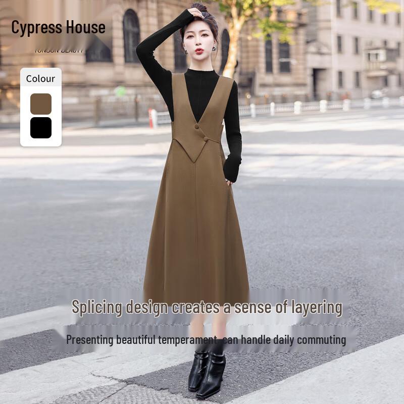 

Elegant V-Neck Suspender Midi Dress M
