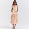 Women Fashion High Waist V Neck Backless Spaghetti Strap Print Ankle Length Trendy Design Dress