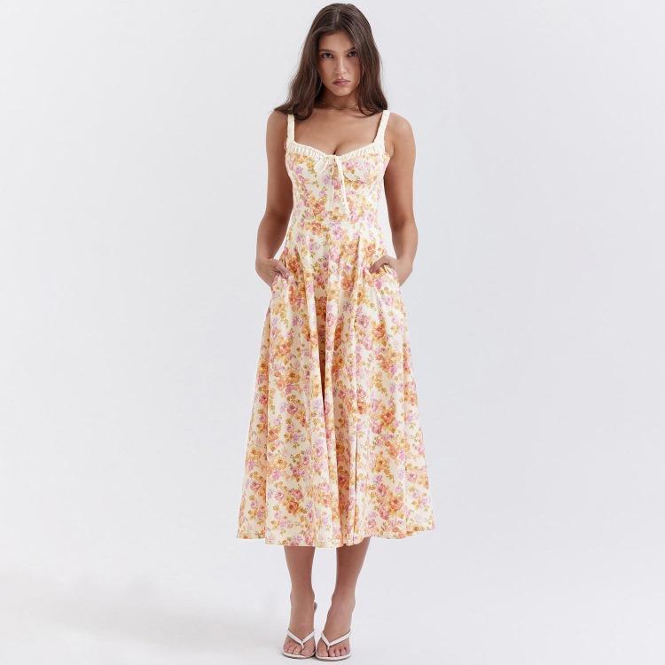 Women Fashion High Waist V Neck Backless Spaghetti Strap Print Ankle Length Trendy Design Dress