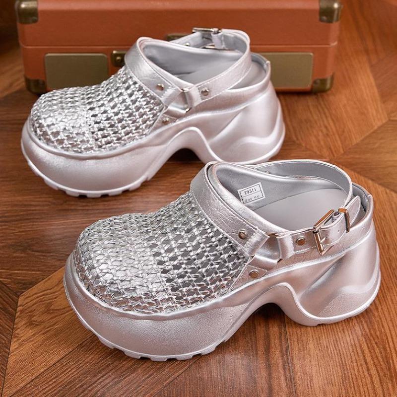 Fashion Thick Soled Sandals Women Summer 2025 New Hollow Out Breathable Sandals Versatile Silver Black Height Increasing Women's Shoes