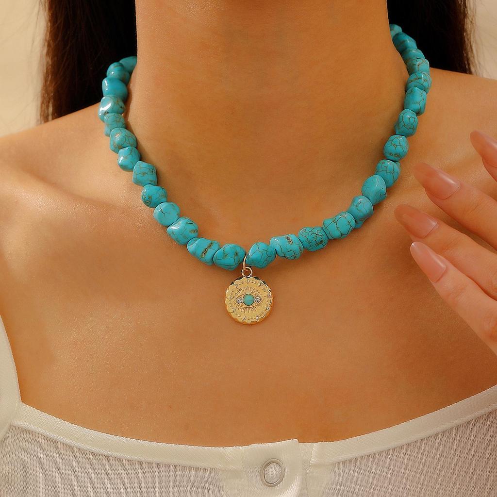 Bohemian Turquoise Demon Eye Choker Necklace with Irregular Beads for Women