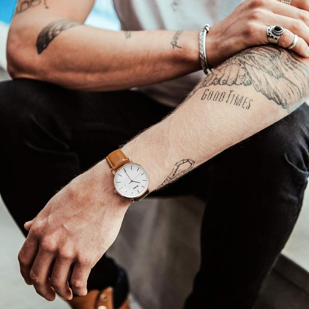 BUREI Men's Leather Analog Watch Waterproof Stylish Business Casual Wristwatch