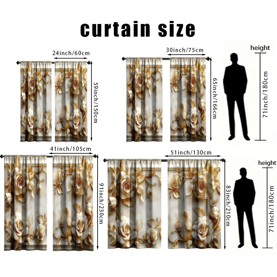 2pcs  Golden and white rose curtains   European court style living room   bedroom   drawbar   pocket style window decoration