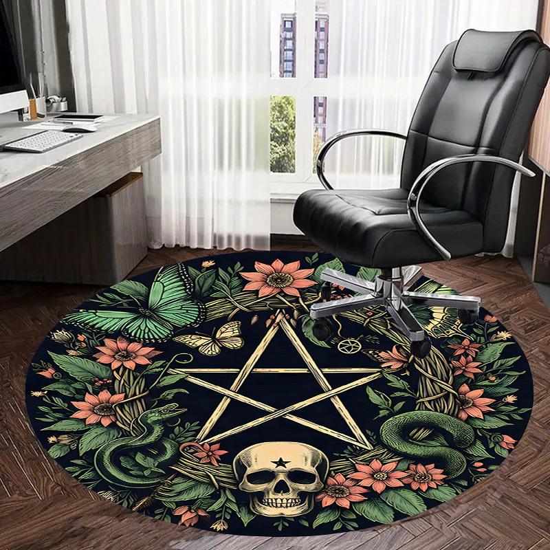 1pc Office Carpet Chair Mats Pentagram with Skull, Butterflies, and Floral Wreath Perfect for Decorating Office Chairs, Living Rooms, Or Bedrooms.YDT0