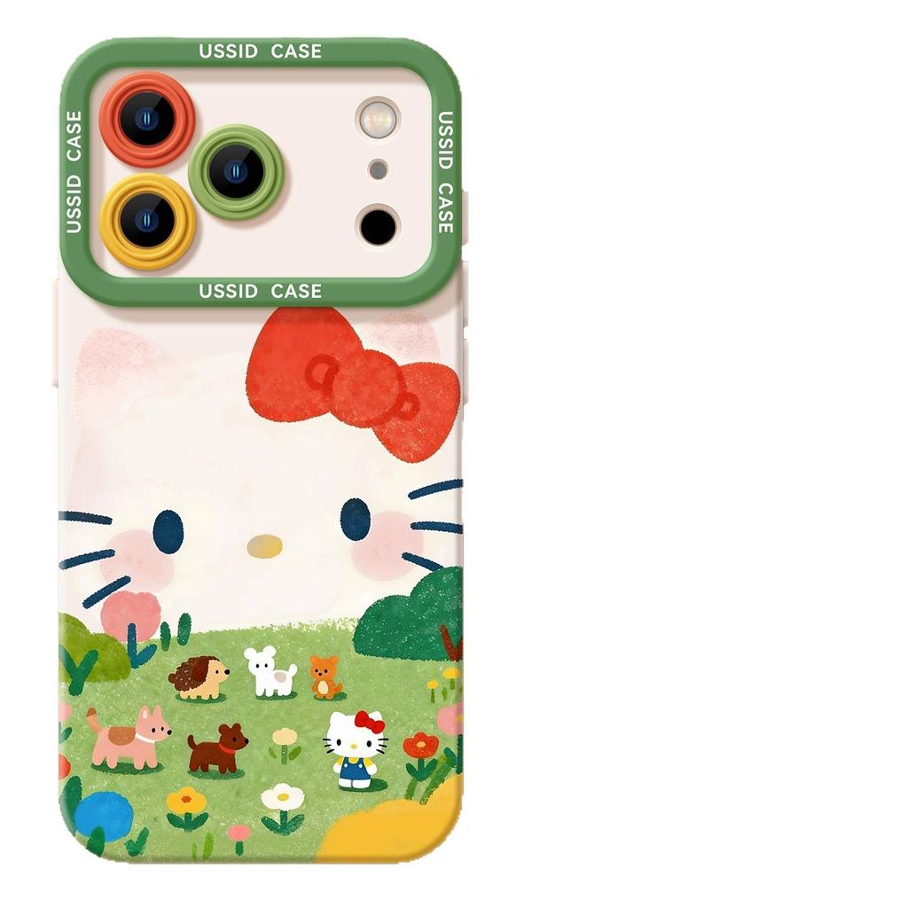 Grass cat mobile phone case with bracket for iphone17 Apple 16pm silicone 15 lanyard 14 cute 13 soft cover