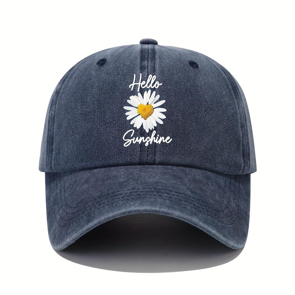 Hello Sunshine Daisy Printed Distressed Baseball Cap Lightweight Dad Hat with Adjustable Curved Brim Multiple Colors Availab