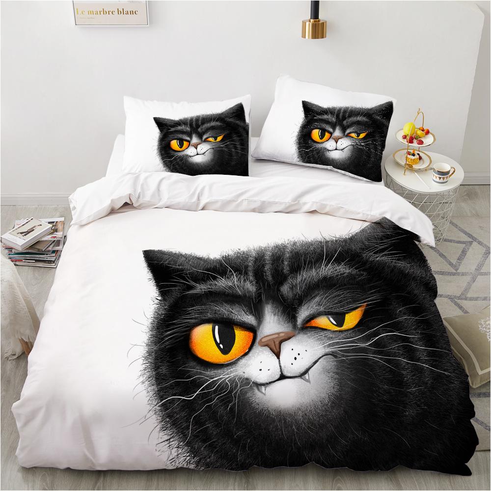 

Комплект постельного белья «Черный кот» Милые кошки Мультяшный комплект пододеяльника Двуспальный размер Мягкая ткань Комплекты для кровати Детский домашний текстиль Хэллоуин Декор Подарок 135x200 50x75cm X1