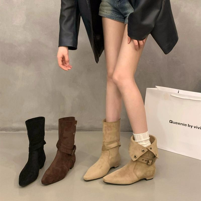 Coarse Heel Vintage Suede Western Cowboy Khaki Boots Women's Boots 2025 Spring and Autumn Single Boots Square Martin Boots