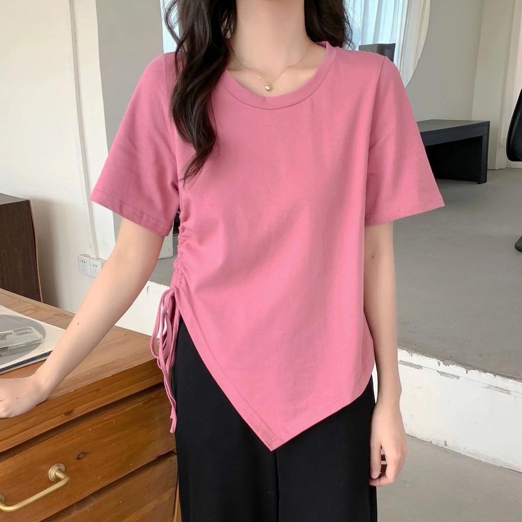 Summer Irregular Drawstring Trimming Thin Waist Short-sleeved T-shirt Spice Girl Sexy Versatile Pure Desire Wind Niche Top Ins