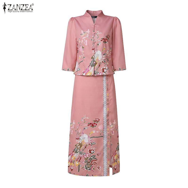 ZANZEA Women's 3/4 Sleeve V-Neck Printed Two Piece Set