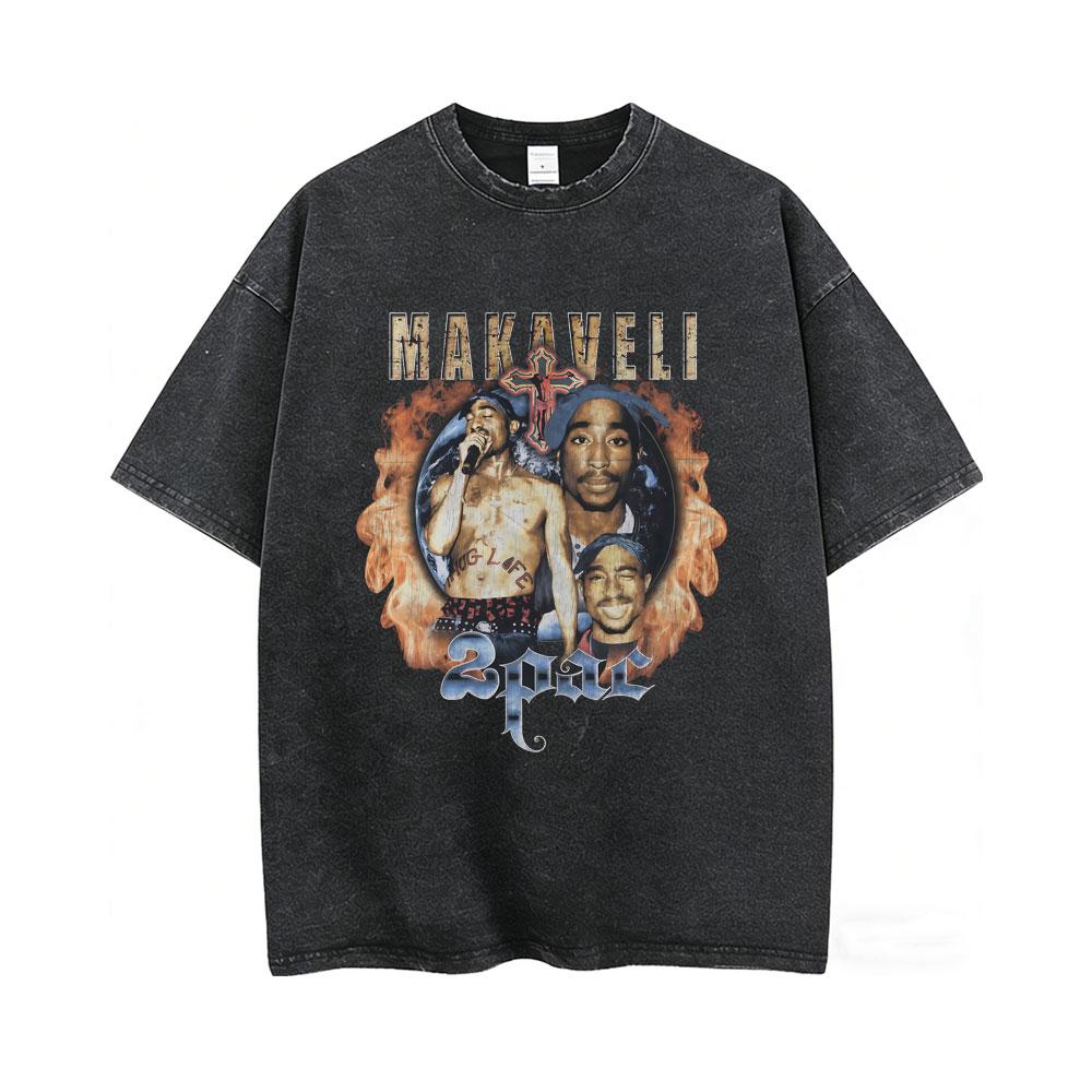 Rapper Tupac 2pac All Eyez On Me Cross Vintage Washed T Shirt Men Hip Hop Fashion Retro Tshirt Mens Casual Oversized Tshirts