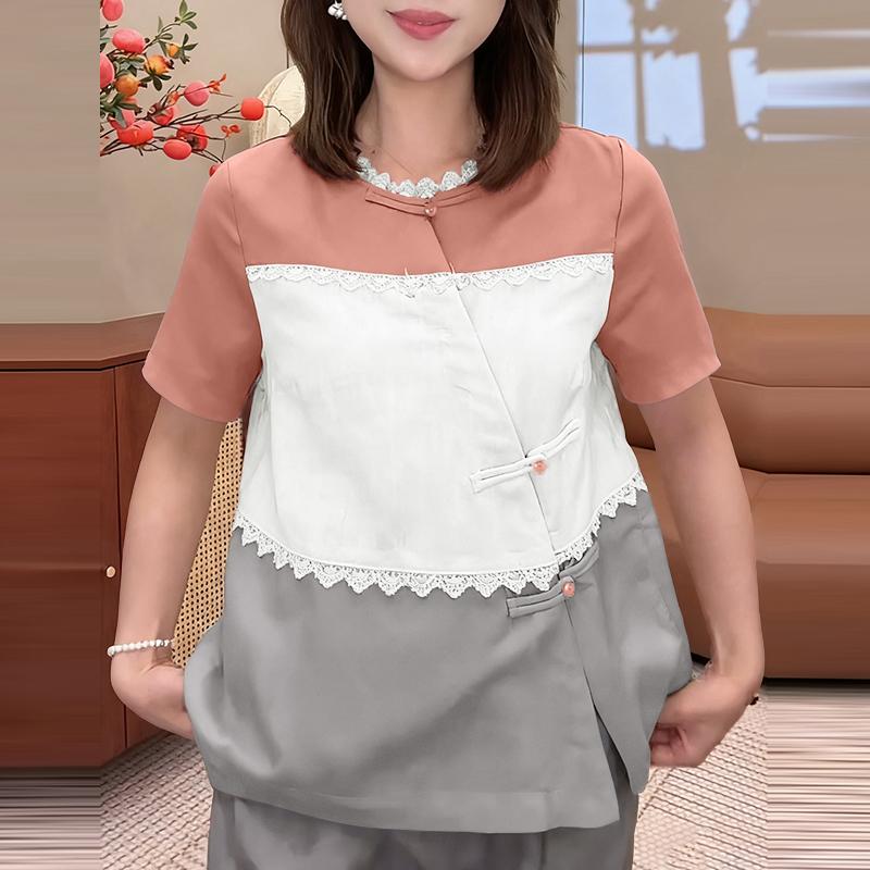 ZANZEA Women Casual Round Neck Short Sleeve Loose Patchwork Blouse