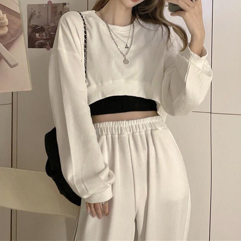 High Waist Short Sweatshirt Women's Loose Long Sleeve T-shirt Top