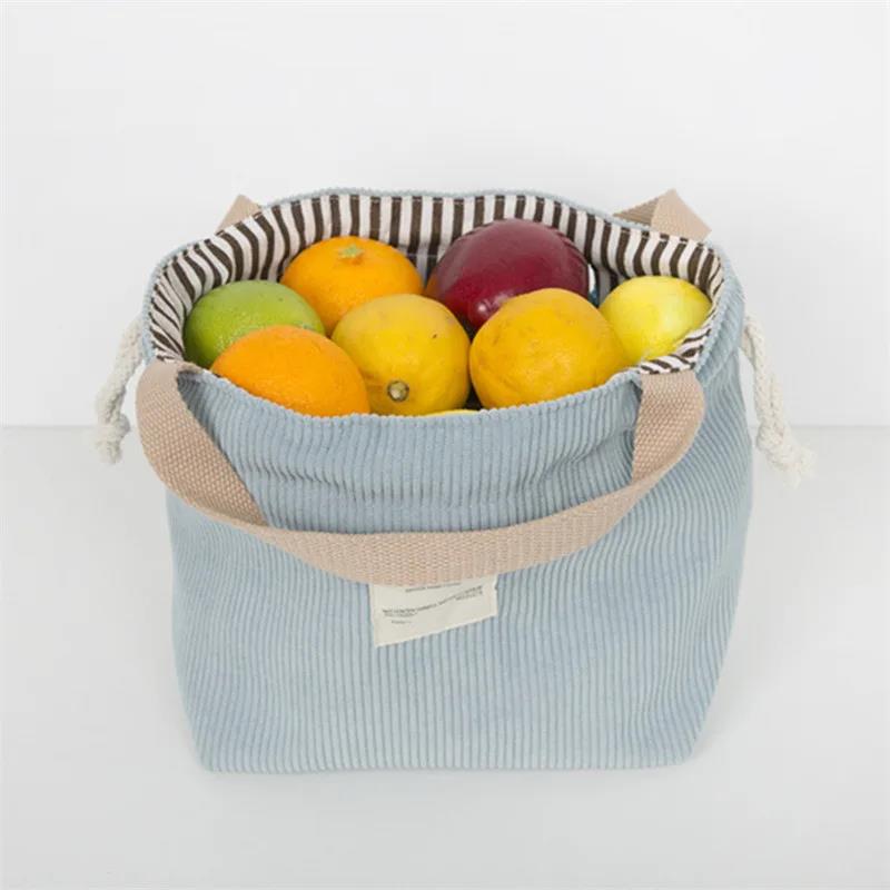Lunch Bag Corduroy Canvas Box Drawstring Picnic Tote Eco Cotton Cloth Small Handbag Dinner Container Food Storage Bags