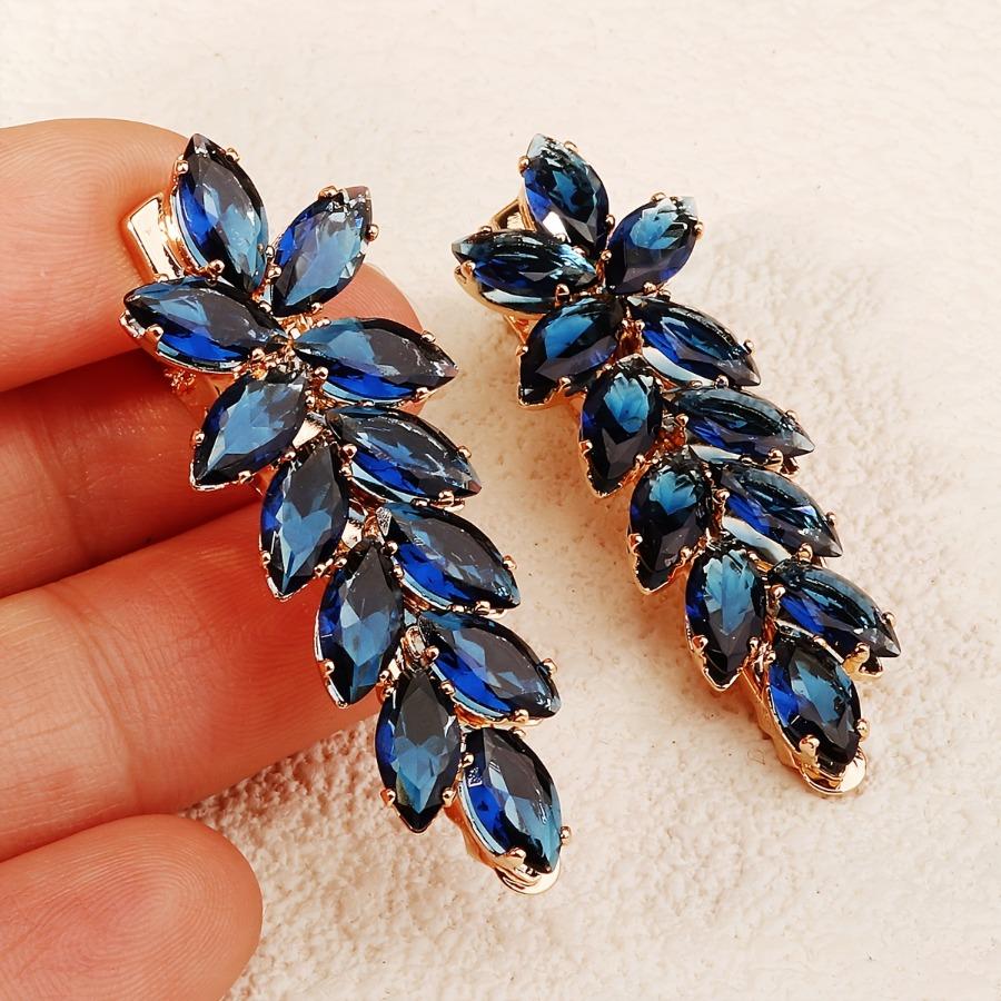 [Elegant Blue CZ Hair Clips] 2pcs Elegant Vintage-Style Blue CZ Hair Clips Set | Golden Tone Leaf Barrette