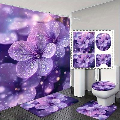 1/4Pcs Bathroom Shower Curtain Set Fresh And Cozy Floral Bathroom Curtain With 12 Hooks Non Slip Rugs Toilet Cover Mat Bathroom Partition