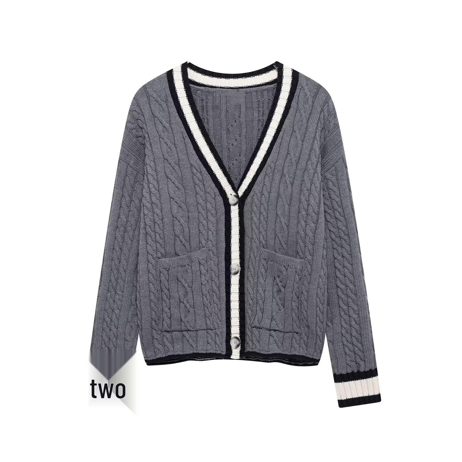 

2025 Spring Women s V-Neck Casual Knit Cardigan with Trim Small серый