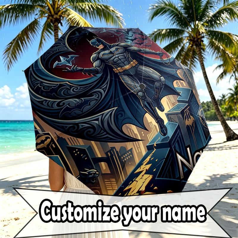 Custom Name Personalized Batman Print Umbrella, Auto Open Close, 8‑Rib Sturdy Frame, Commute Camping Hiking Use, Birthday Gift