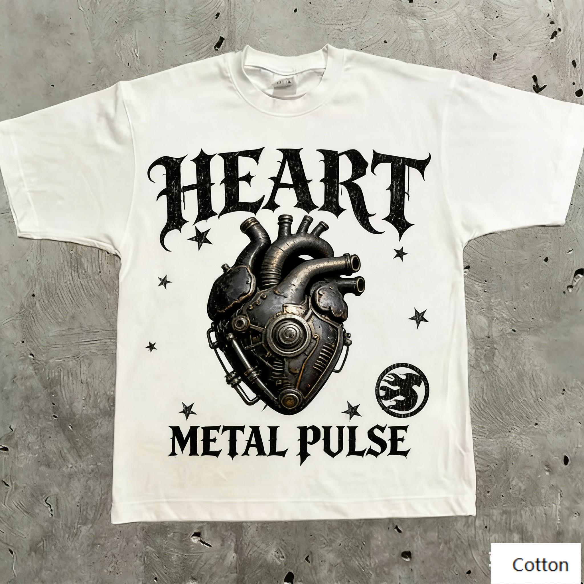 

METAL PULSE Vintage Steampunk Dark Art Unisex Cotton TShirt with Retro Heart Print Retro Streetwear Tee 4XL