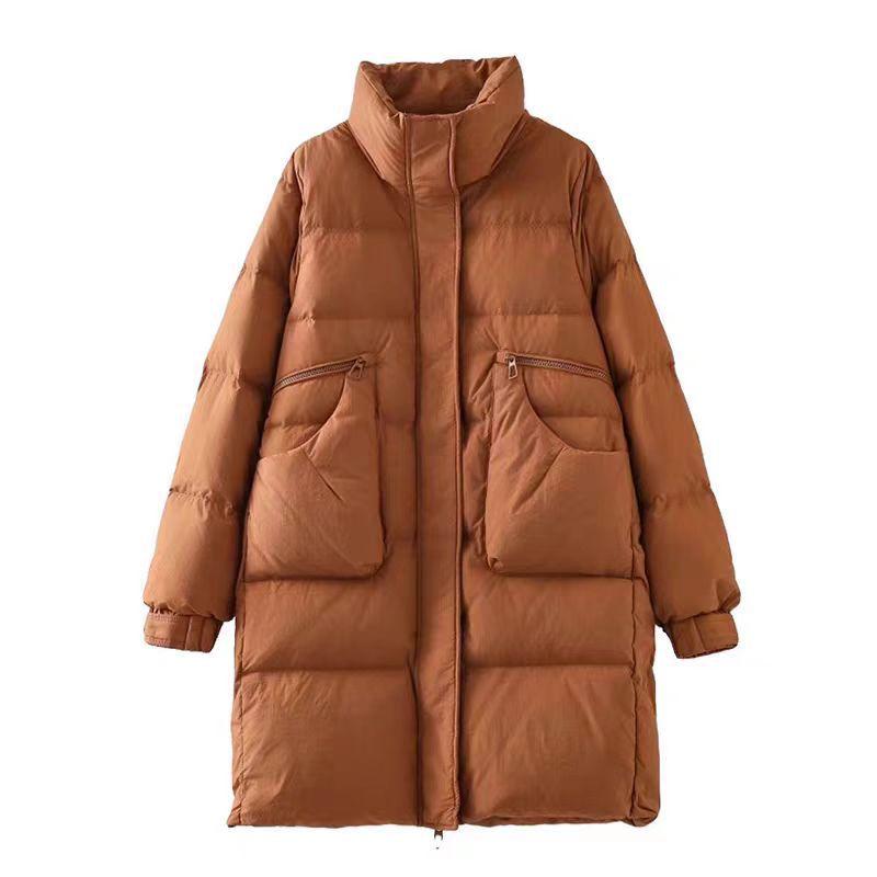 Medium and long pocket design stand-up neck down jacket women's thickened white duck down high-end casual and thin warm jacket tide