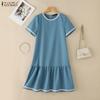 ZANZEA Women Casual Round Neck Solid Color Summer Short Sleeve Dress
