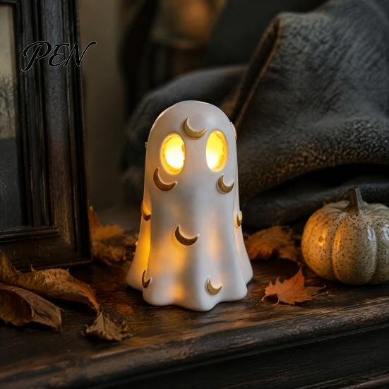 Niche Home Decor Halloween Ghost Decoration, Cute Light Up Figurine, Spooky Resin Glowing Figurine Statue with LED for Shelf Mantel Indoor Unique