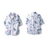 Blue Bamboo Leaf Print Ink Wash Short Sleeve Loose Shirt