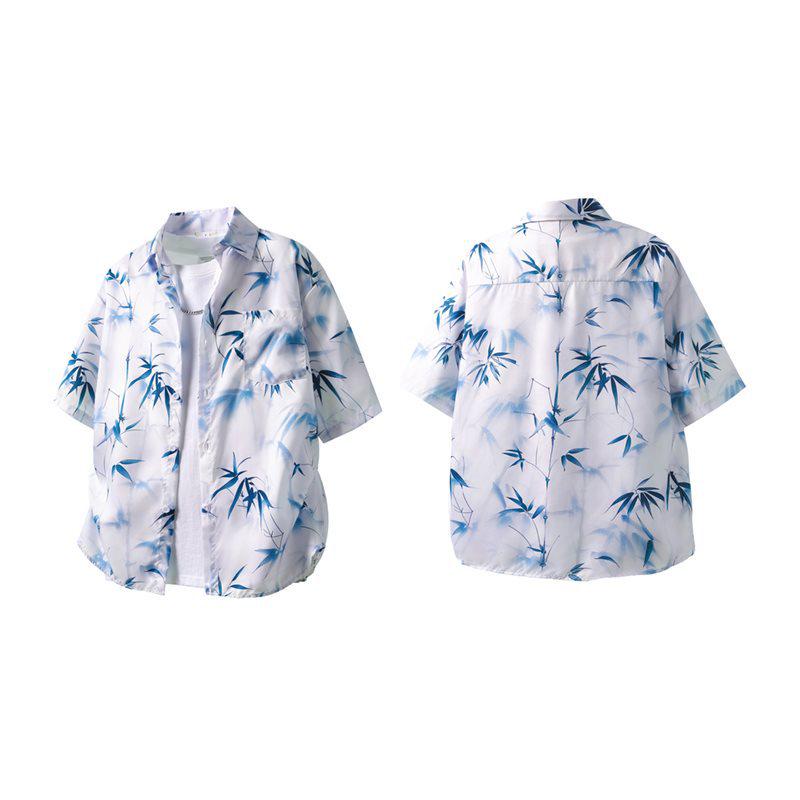 Blue Bamboo Leaf Print Ink Wash Short Sleeve Loose Shirt