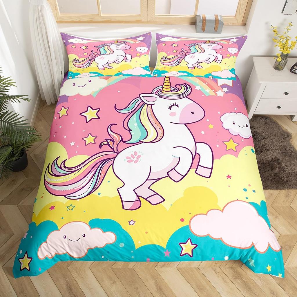 Einhorn Bettwäsche Set Kinder Lila Weltraum Galaxie Weiche Bettbezug Mikrofaser Bequeme Bettdecke Abdeckung Mädchenhaft Karton Warme Deckenbezug plus 2