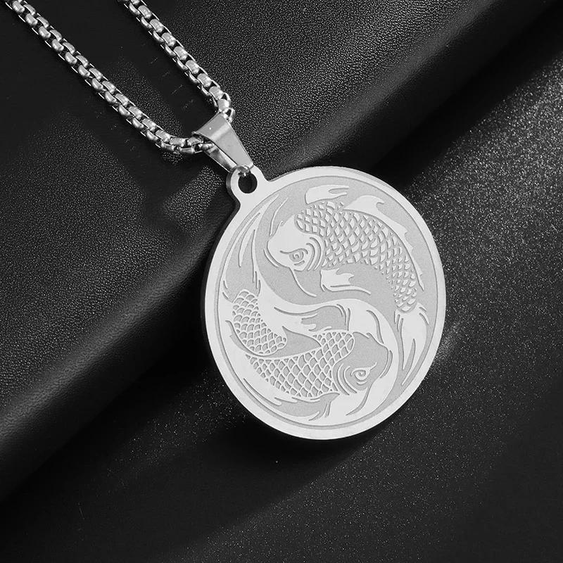 Fashion Hip Hop Stainless Steel Double Koi Fish Medal Pendant Necklace for Men and Women Fashion Lucky Jewelry Gift