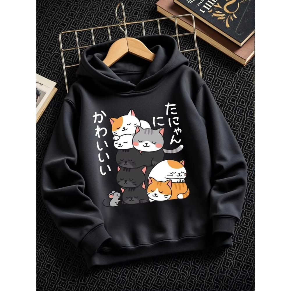 Felpa con Cappuccio per Bambini e Bambine Gatto Giapponese Stampata Kawaii Cartoon Pullover Top con Cappuccio Casual Streetwear Autunno Inverno