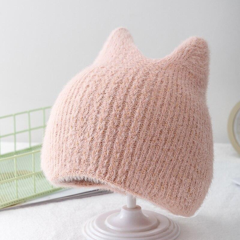 Neue Frauen Nette Katze Ohr Winter Hut Doppel-schicht Kaninchen Pelz Hut Stilvolle Weiche Beanie Hut Für Frauen Warme grils Gestrickte Hut