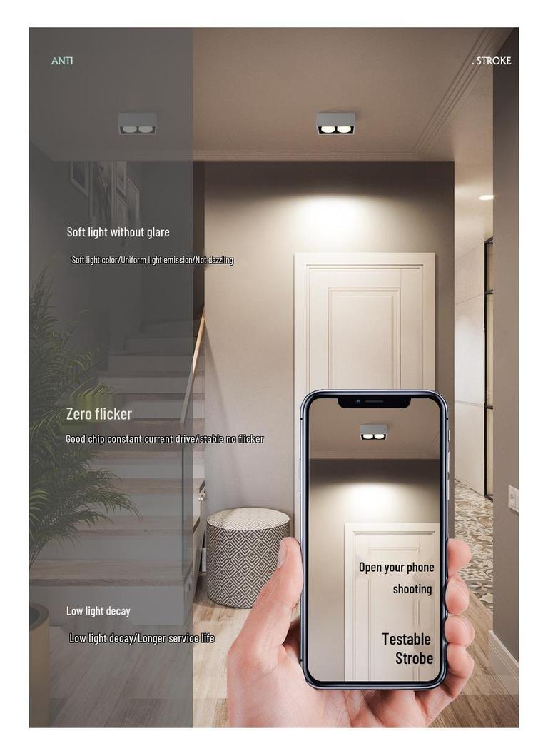 Double-Head GX53 LED Surface-Mounted Downlight, No-Hole, Square Gimbal, Four-Head Ceiling Light for Living Rooms