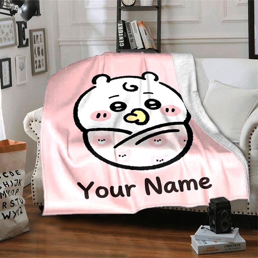 1pc Chiikawa Blanket with Custom Name, Gift, for Men and Women, Soft Blanket, Good for Sofa Bed Couch Travel, Lightweight Flannel Blanket