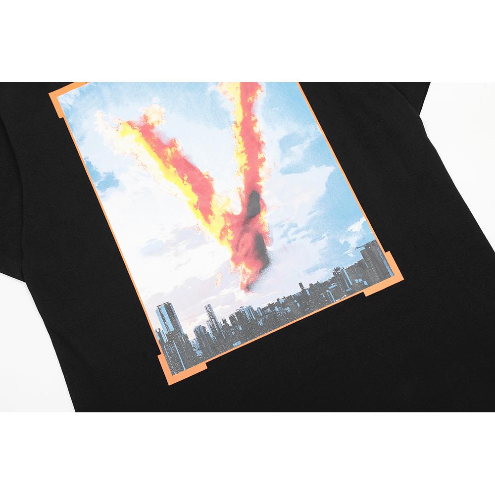 Vlone City Fire V Print Oversized T-shirt, Men's and Women's Casual Hip Hop Streetwear Short Sleeve Tee