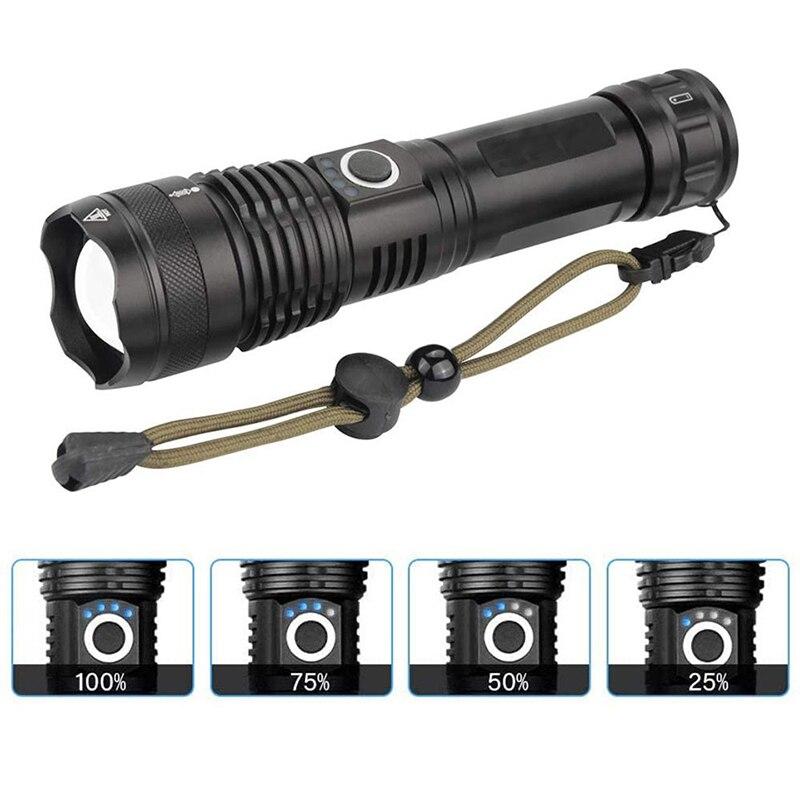 Poderosa lanterna LED XHP70 5 modos USB recarregável Zoom Lanterna 26650 Bateria Camping Outdoor Luz de emergência