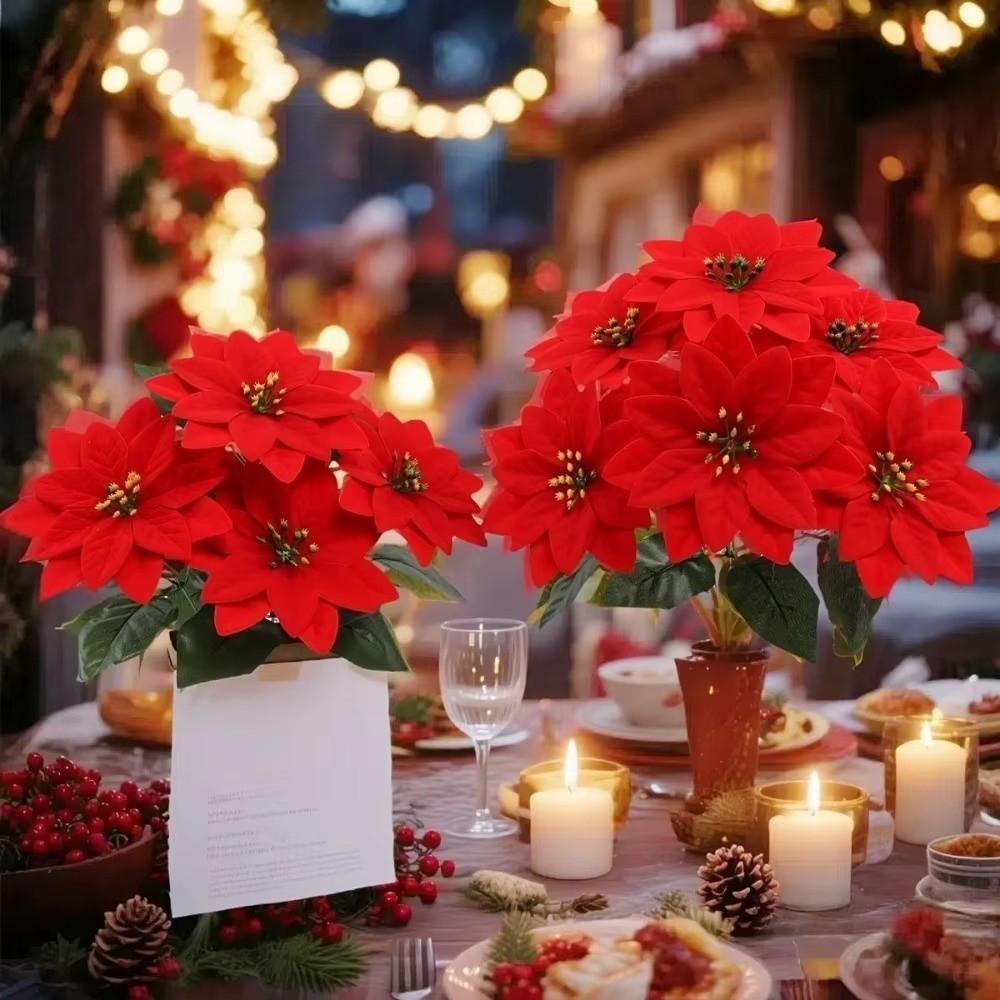 Artificial Flowers Fake Flower Pot Ornament Red Poinsettia Simulation Bouquet  Holiday Decor