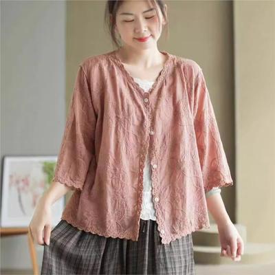Solid Color Embroidery Three Quarter Vintage V-Neck Shirt Woman Autumn Fashion Single Breasted Loose Shirt