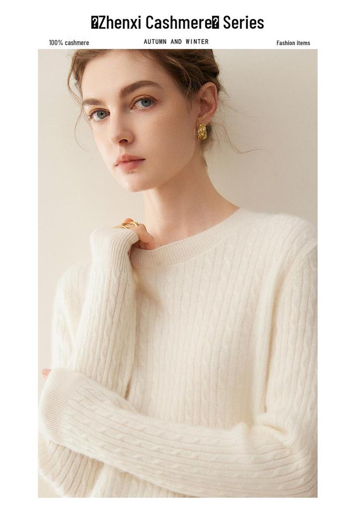 Women's 100% Cashmere Cable Knit Sweater: Winter 2026 Loose Pullover with Round Neck and Long Sleeves