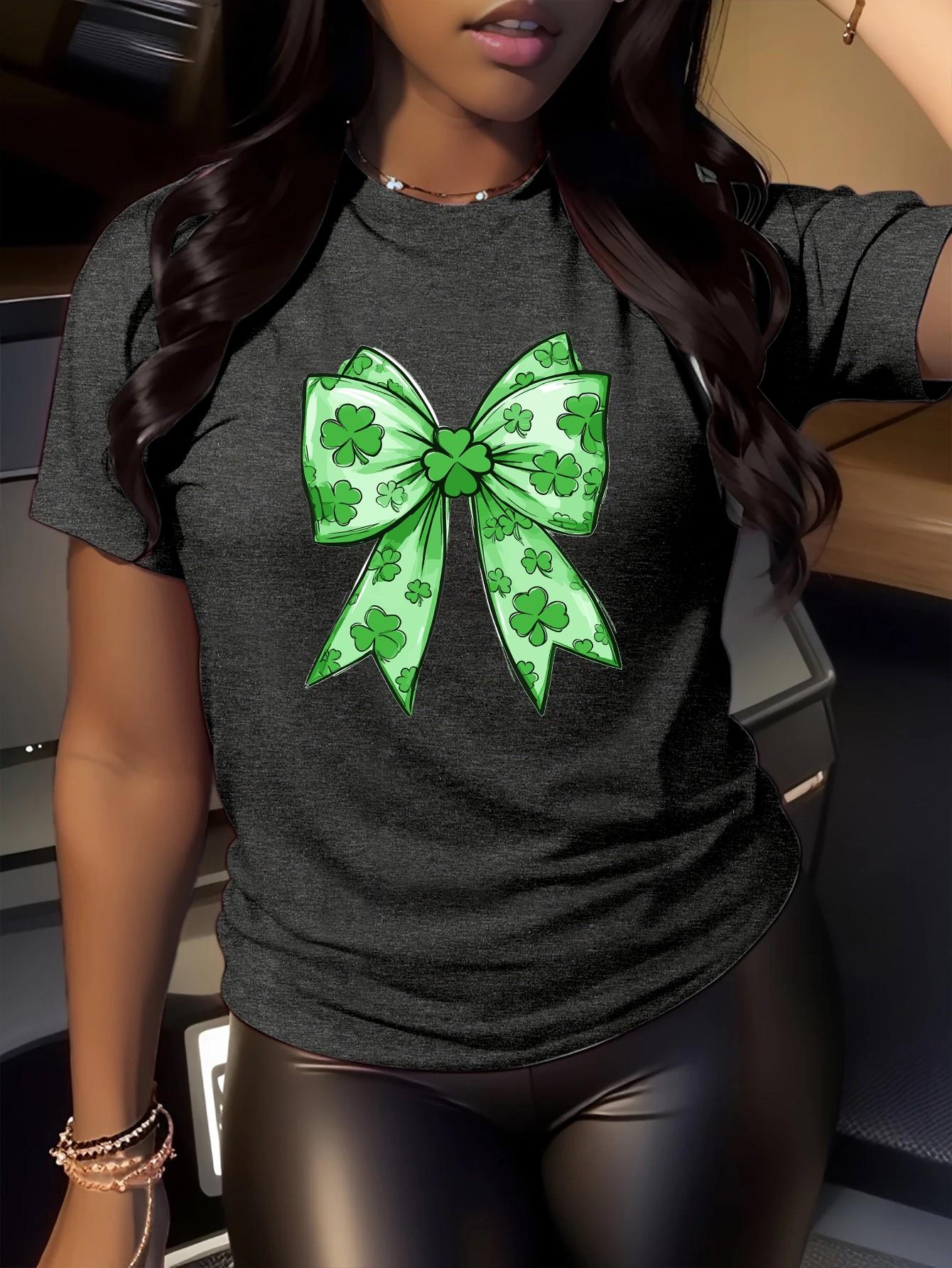 

Women s Casual Sport T-Shirt, Crew Neck T-Shirt, Green Bow Clover, Sweet Four-Leaf Clover, Romantic Female, Date Outfit, St. Patrick s Day, 4XL сірий