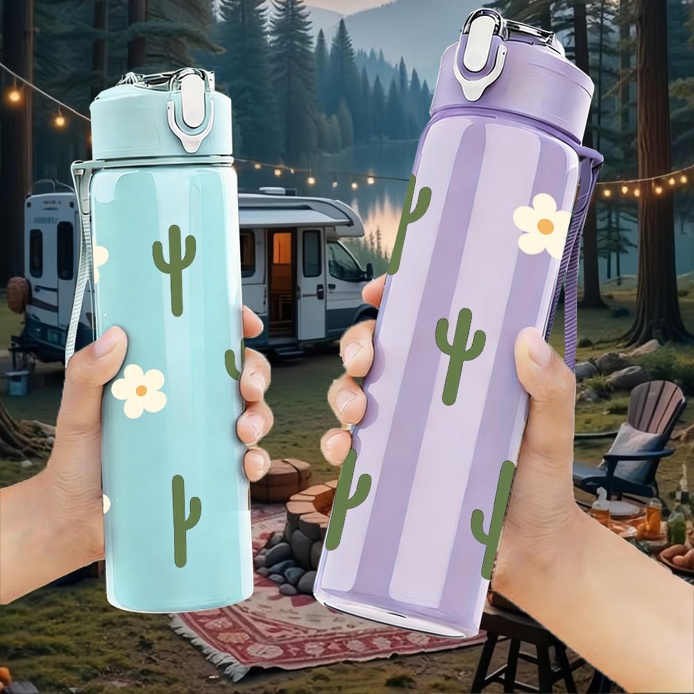 1PC Simple Desert Cactus Plant Pattern 750ml Color Plastic Sports Water Bottle Leakproof Flip Straw Lid Suitable for Sports Office Home Use
