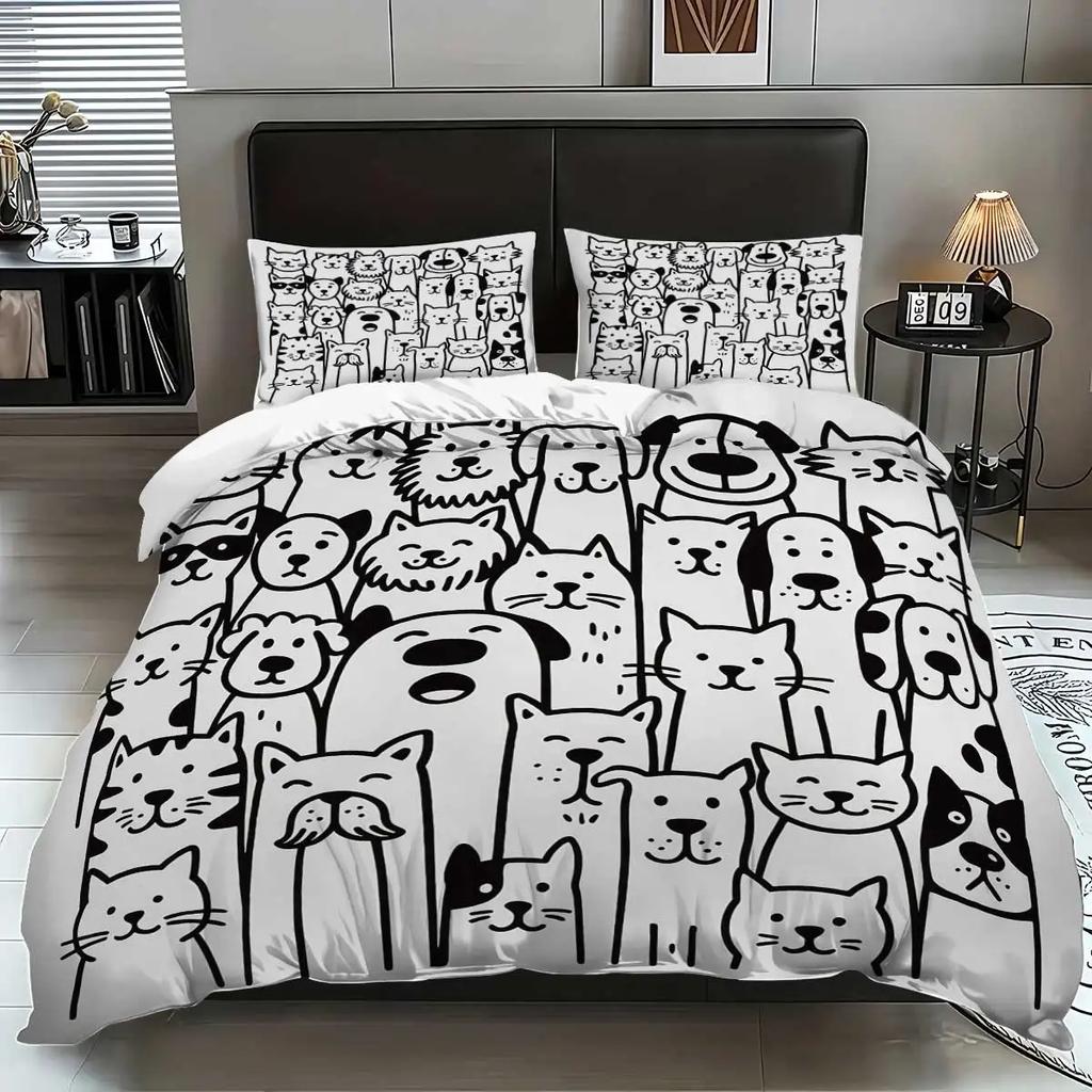 3-teiliges 3D Katzen Bettwäsche Set King Size, Cartoon Schwarz-Weiß Katze und Hund Musterdruck Bettbezug Set für Schlafzimmerdeko