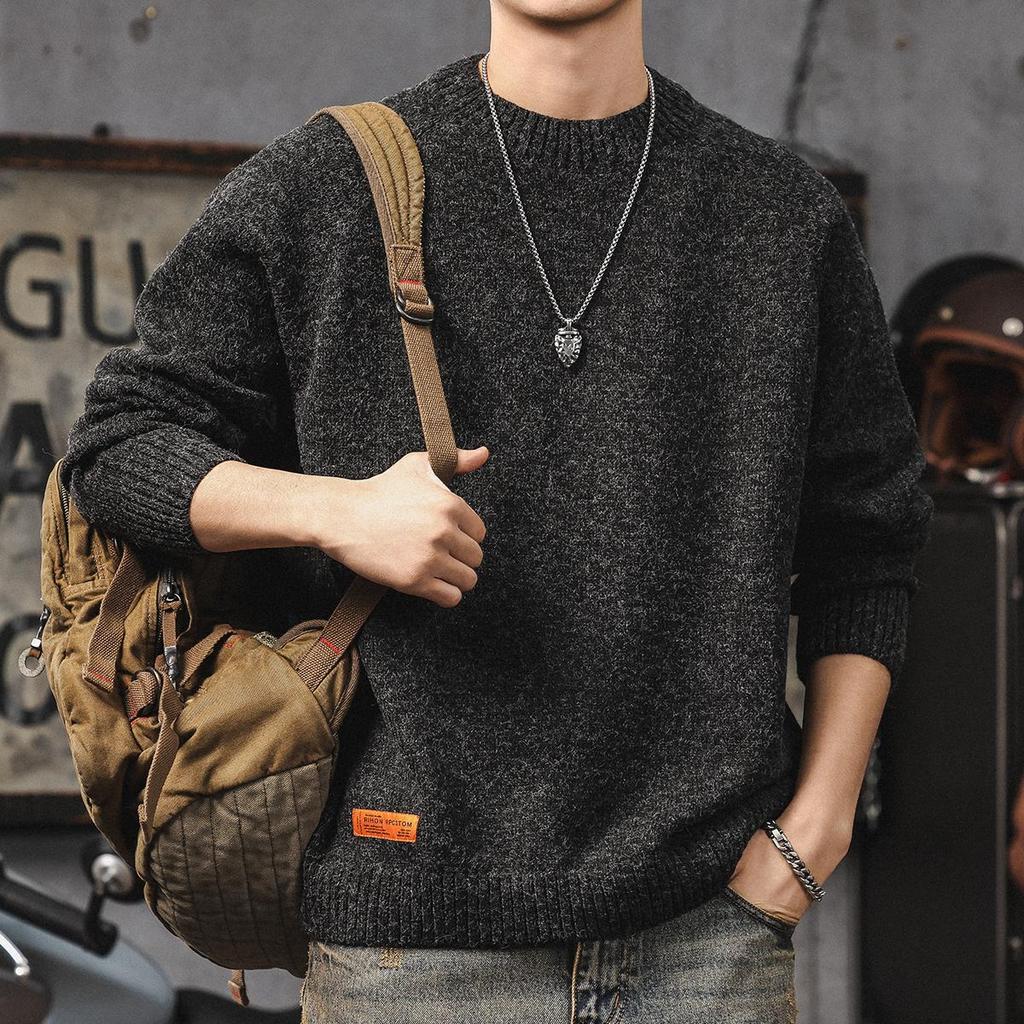 Men's American Retro Thick Knit Sweater - Winter Loose Fit, Casual Round Neck Outerwear