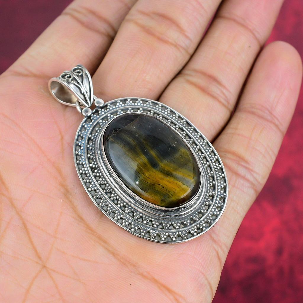 Blue Tiger's Eye Gemstone Jewelry, 925 Solid Sterling Silver Jewelry, Handmade Pendant Jewelry , Silver Jewelry Gift For Women