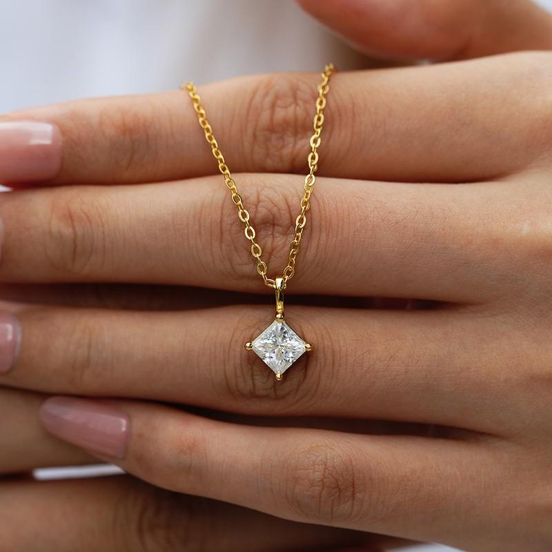1 Carat Square Moissanite Pendant Necklace Women Sterling Geometric Locket Chain Minimalist INS Style